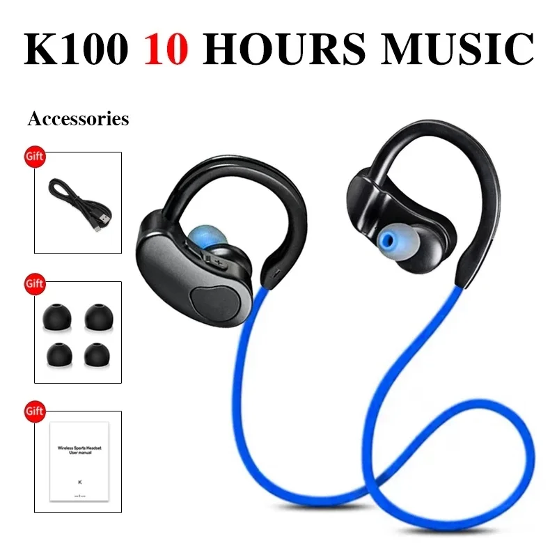

K100 Wireless Bluetooth Sport Headset Headphone Waterproof Shock Bass Stereo Ear Hook Earphone With Mic For Xiaomi/Huawei/IPhone