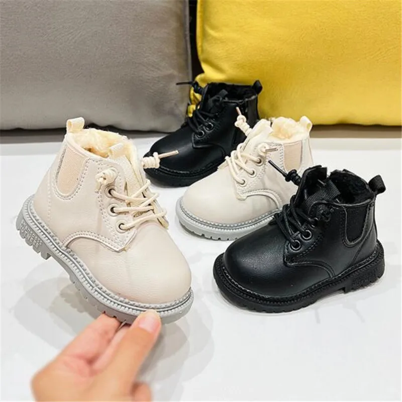 Kids Leather Chelsea Boots Waterproof Children Ankle Boots Boy Girls Inner Plush Boots Toddler Snow Shoe