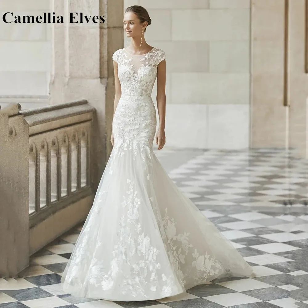 

Exquisite Mermaid Appliques Lace Wedding Dresses for Women O Neck Sleeves Bridal Gowns Sexy Back Brides Dress Robe De Mariée