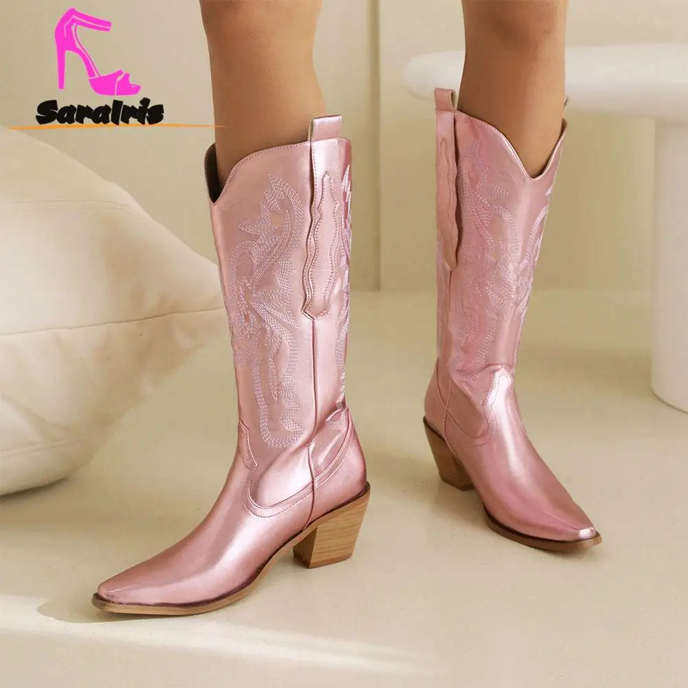 Western Vintage Style Metall Mid Calf Boots 2023 New Fashion Pointed Toe Western Boots High Quality Embroidery Lady Boots Winter