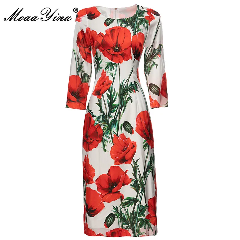 MoaaYina New Summer Fashion Pure Silk Dress Woman Seven-Point Sleeve Floral Printed Package Buttocks Dresses