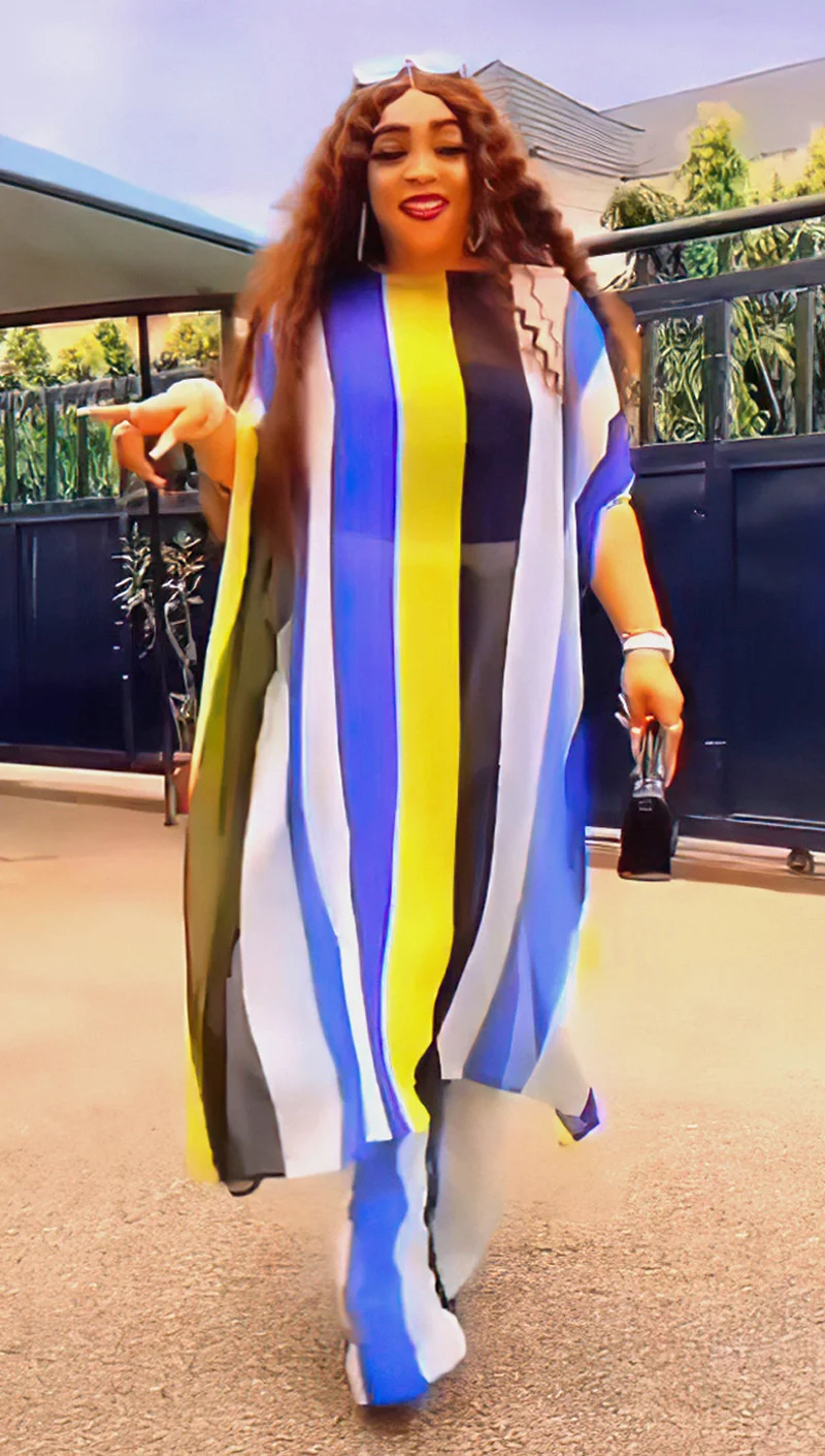 Plus Size New Women's Fashion Chiffon Stripe Print Oblique Shoulder Trousers Two Piece Loose Sleeveless Casual Perspective Set