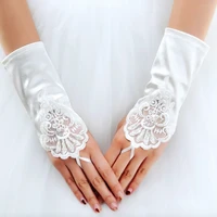 satin lace gloves fingerless wedding gloves elegant beaded lace satin short bridal gloves white ivory wedding accessories 2022
