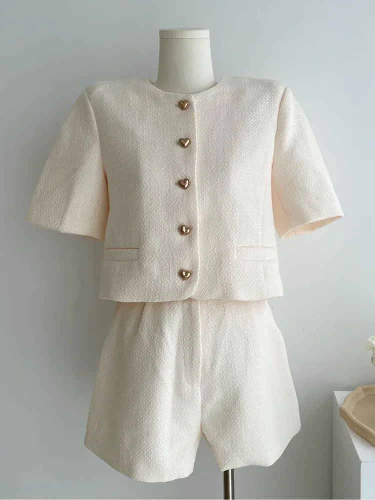 

Summer Matching Sets Casual Retro Temperament O Neck Short Sleeve Single-breasted Jacket Tweed Coat Slim Mini Shorts 2 Piece Set