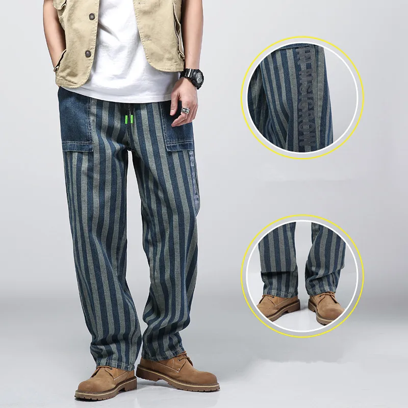 Spring and Autumn Brand Men's Jeans Trend Stripe Printing Loose Casual Wide-leg Pants Street Men's Clothing джинсы для мужчин