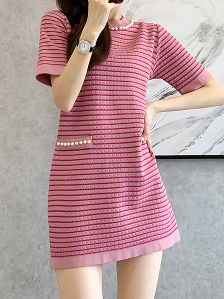 

Трикотажное платье в стиле ретро, Новинка лета 2022, свободная и тонкая трикотажная юбка, платье с коротким рукавом, модная женская одежда