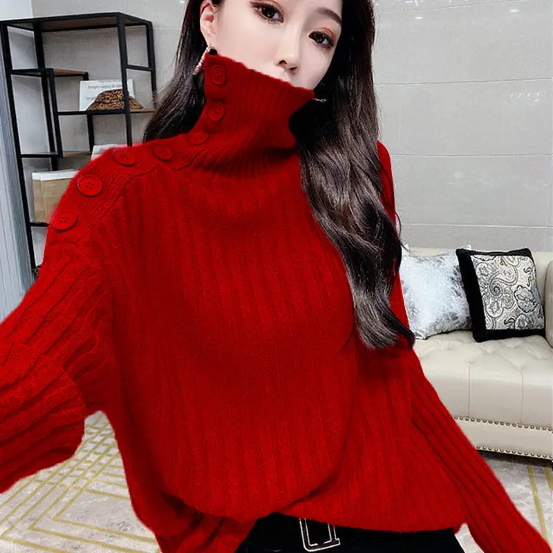 

Fashion Turtleneck Button Solid Color All-match Sweater Women's Clothing 2022 Autumn New Loose Casual Pullovers Korean Tops