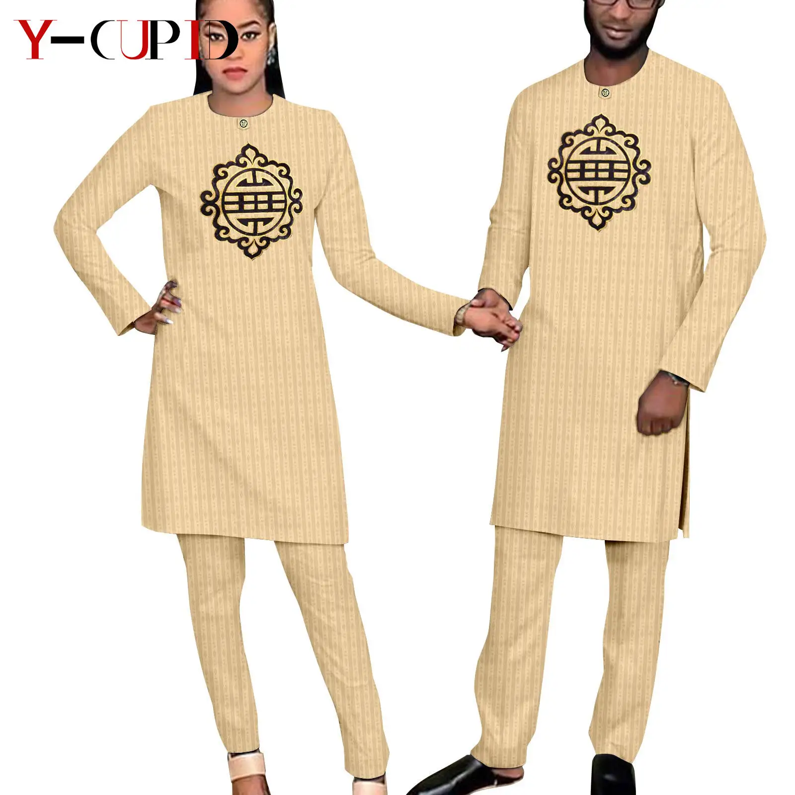 Bazin Riche African Clothes for Couples Dashiki Women Jacquard Top and Pants Sets Matching Men Outfits Kaftan Outwear Y23C062