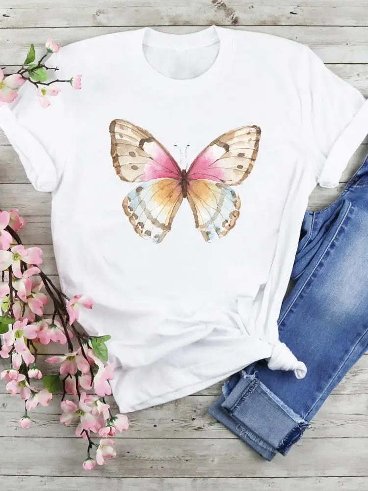 

Футболка женская летняя с коротким рукавом, милая стильная тенниска с рисунком бабочки, модный топ с графическим принтом