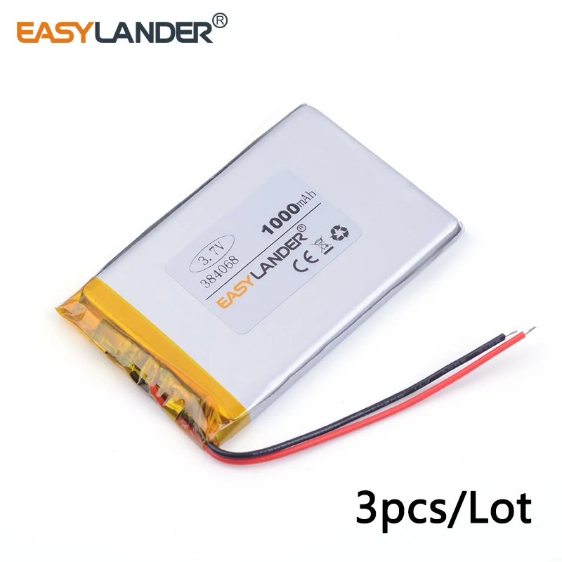 

3pcs /Lot 3.7v lithium Li ion polymer rechargeable battery 384068 1000mAh for MP4 MP5 GPS toys battery
