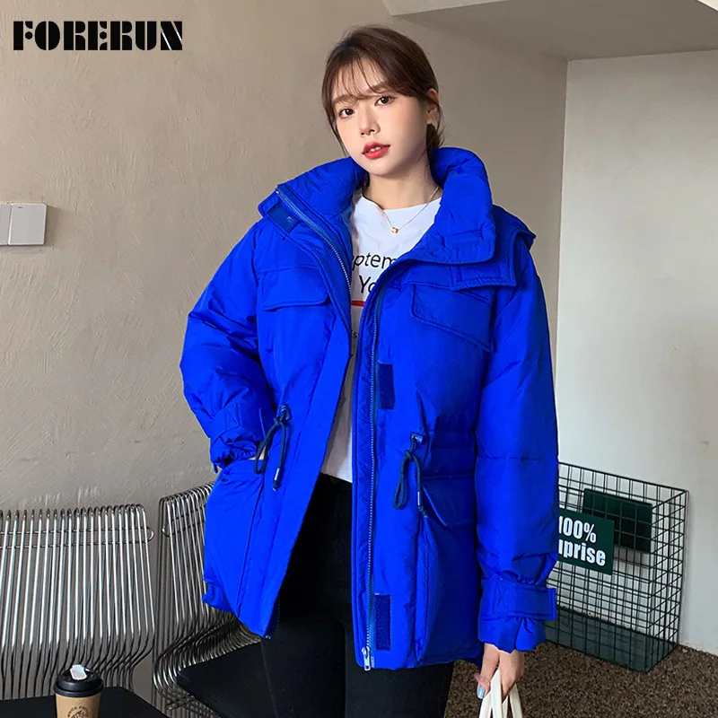 

FORERUN Parka Jacket Women Winter Candy Colors Hooded Pocket Drawstring Thicken Warm Cotton Padded Bubble Coat Outerwear