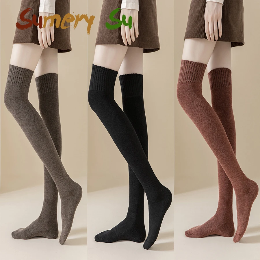 3 Pairs/Lot Thick Stockings Socks Women Winter Warm Over Knee High Hold Up Cotton Sexy Slim Ladies Girls Halloween Gift 6 Colors