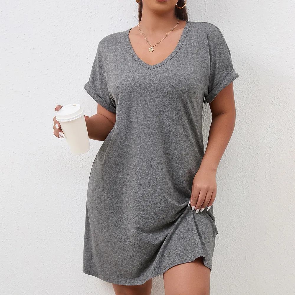 

2022 summer large casual loose V-neck short sleeve solid dress