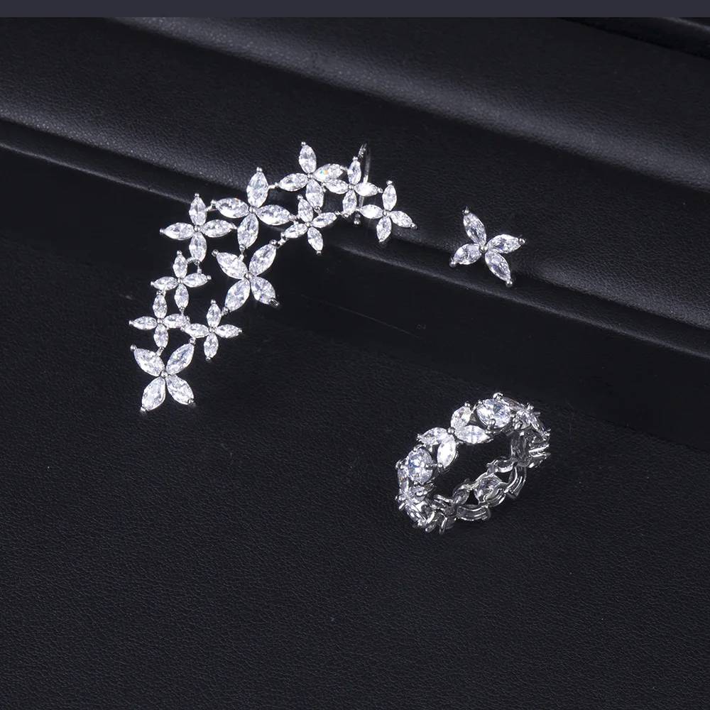 

Asymmetrical sparkling zircon flower stud earrings ring set gorgeous women sweet romance gift jewelry