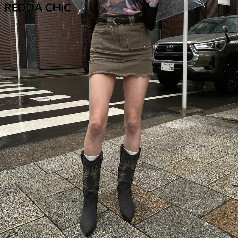 

ReddaChic Harajuku Women Patchwork Denim Mini Skirt Lining High Rise A-line Raw Hem Mini Short Jean Bottoms Grunge Acubi Fashion