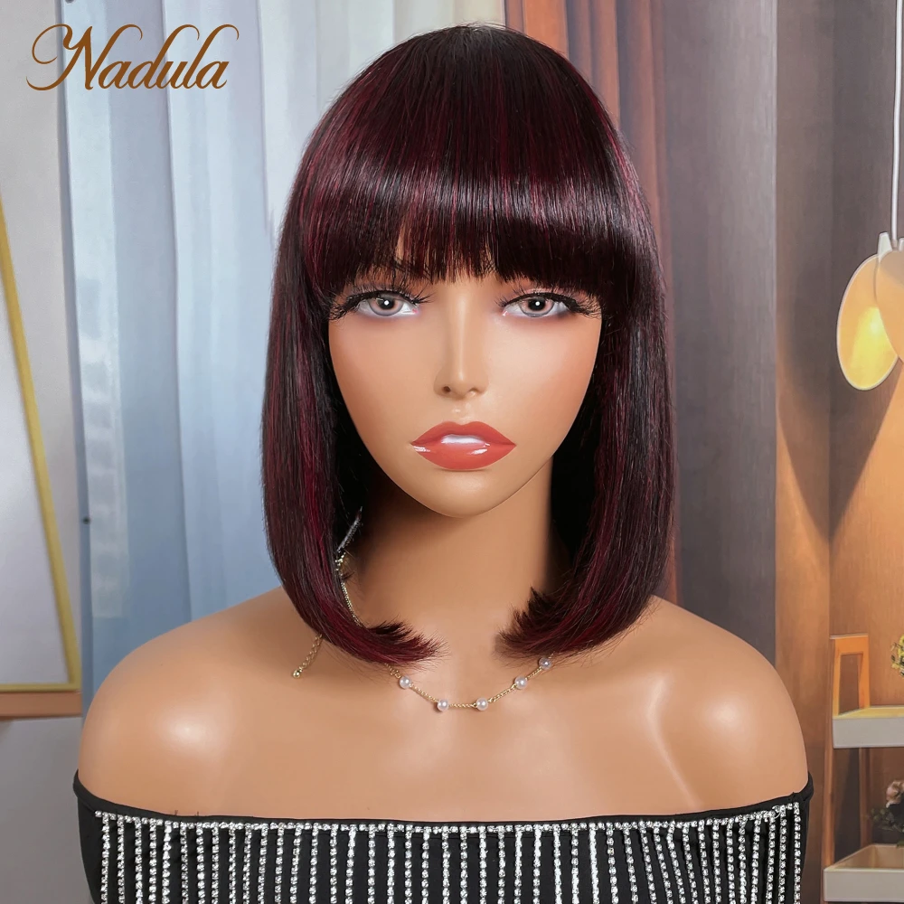 Straight Bob Wig With Bangs 100% Human Hair Wig Glueless Short Sleek Bob Wig Machine Made Wig