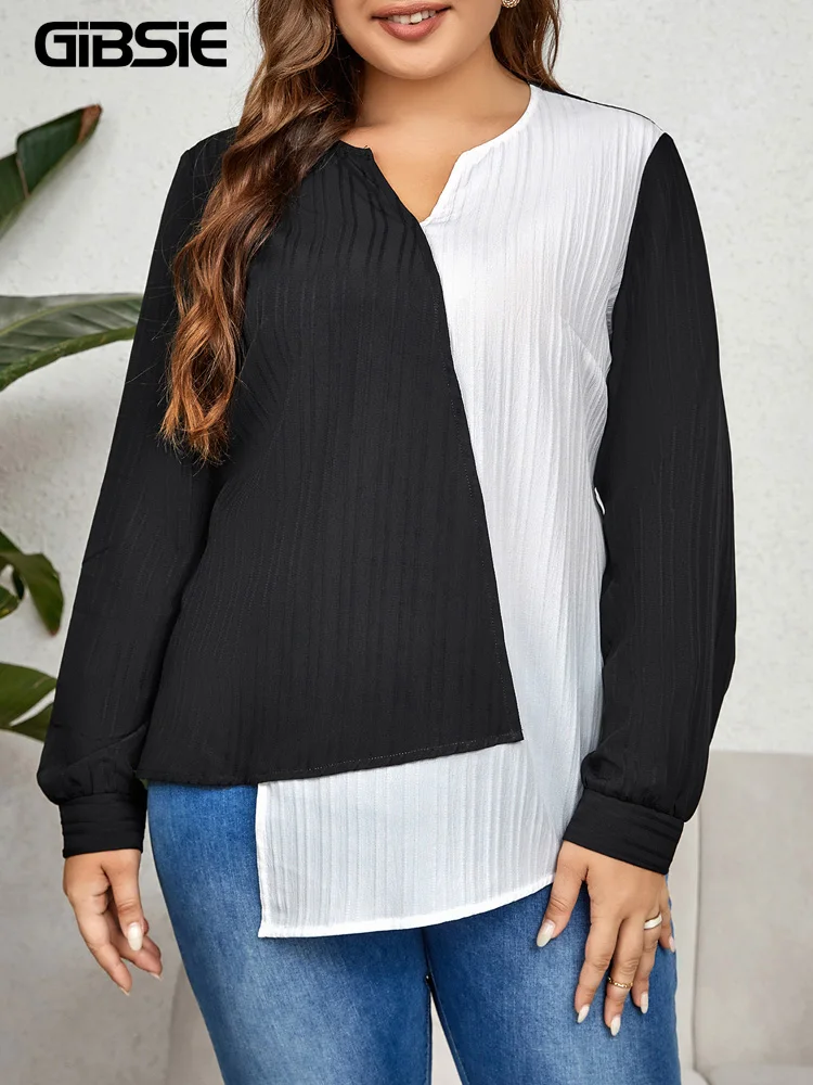 

GIBSIE Plus Size Women Color Block V Neck Asymmetrical Blouse Fashion 2023 Spring Fall Long Sleeve Casual Work Blouses Tops