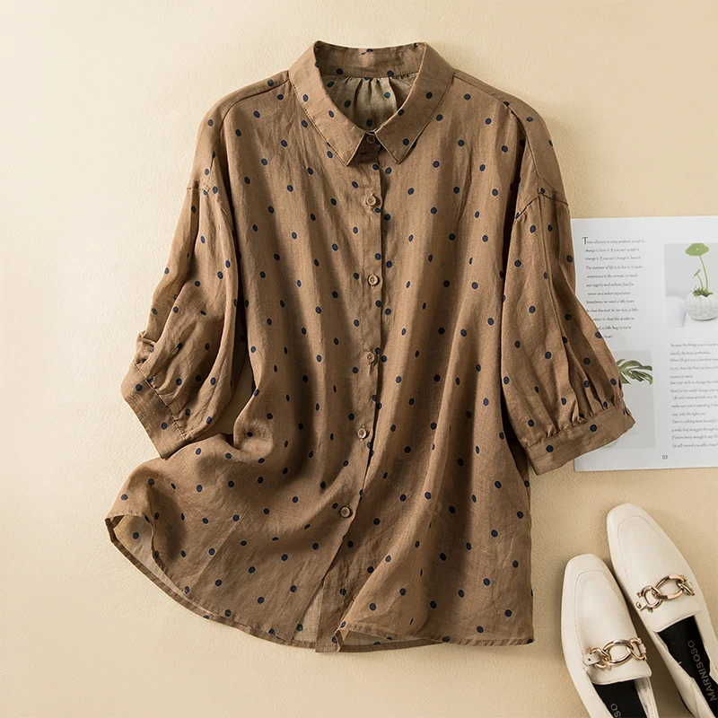 

Cotton Linen Shirt for Women Summer 2023 New In Polka Dots Printed Blouses Loose Top Short Sleeve Vintage Turn-down Collar