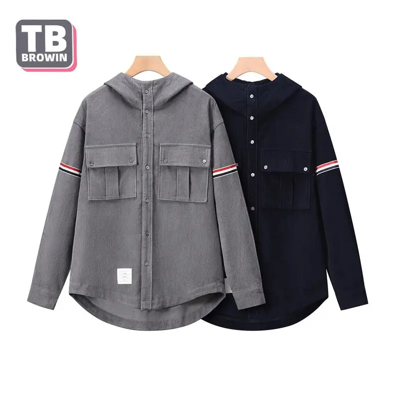 

Tb Browin Brand Men's Corduroy Shirt Thom Fall Winter Luxury Striped Four Bars Leisure Hooded Jacket Pocket Design