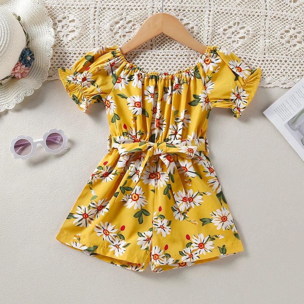 

Summer New Toddler Kids Girls Short Jumpsuits Vintage Floral Bow Tie Waist Children Overalls Romper Baby Girls Playsuits Outfits