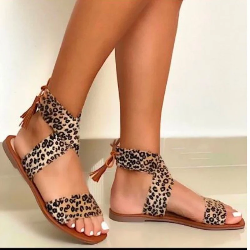 

Summer Women's Flat Sandals with Ankle Straps Open Toe Gladiator Sandal Tassels Roman Shoes Woman Gold Flats Sandalias