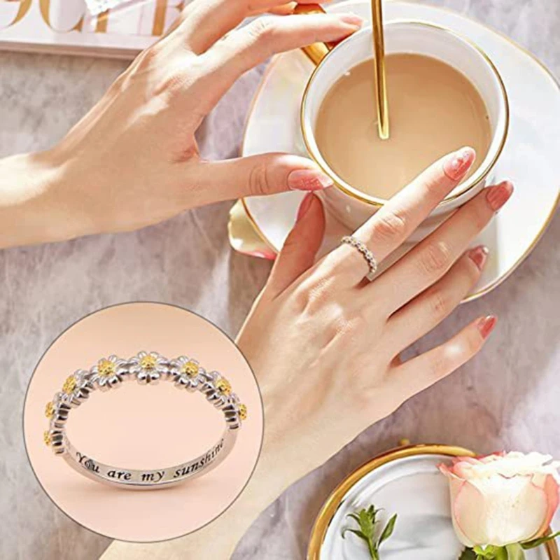 

Daisy Flower Letter Rings Wedding Ring You Are My Sunshine Ring Jewelry