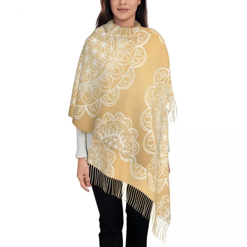 

Golden Flower Of Life Mandala Scarf Women Fashion Winter Fall Wrap Shawl Sacred Geometry Tassel Wraps