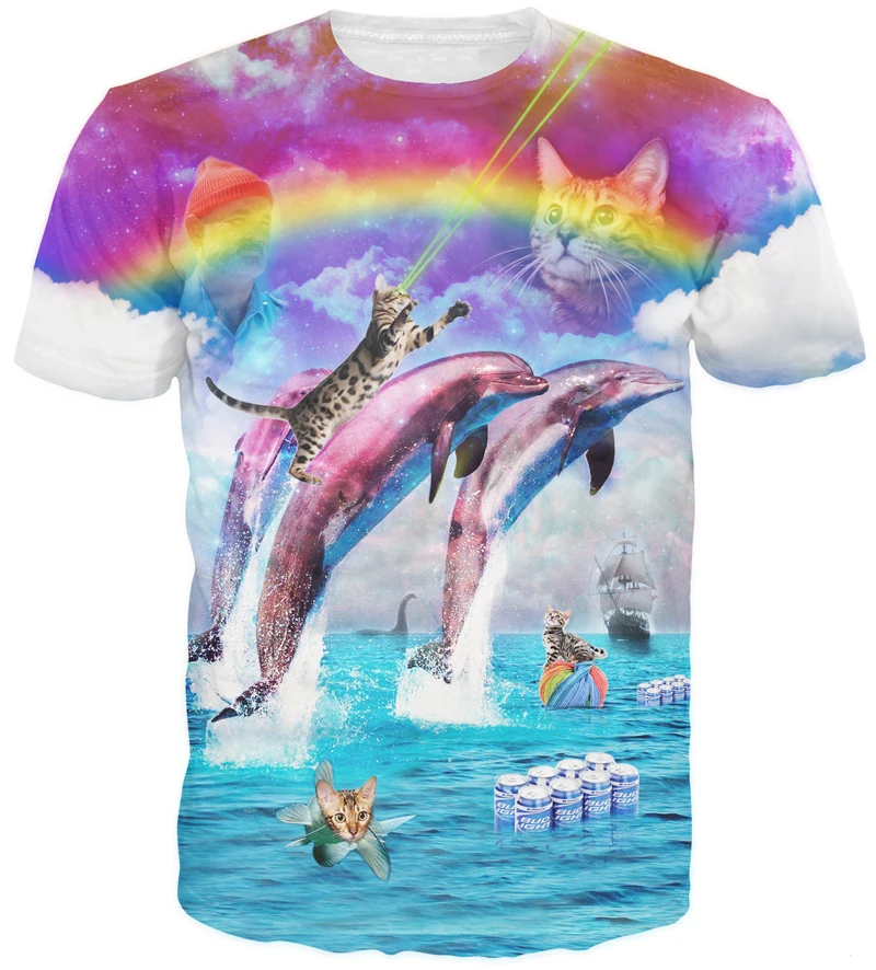 

New Harajuku style tshirt Rainbow Dolphin Kitty T-Shirt splash with cats tees women men t shirt tops Free shipping