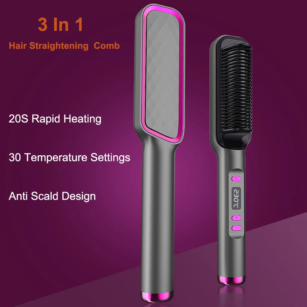 

3 In 1 Hair Straightening Brush Comb With LCD Display Curling Iron Electric Straightener Multifunctional Comb Women Styler Tool