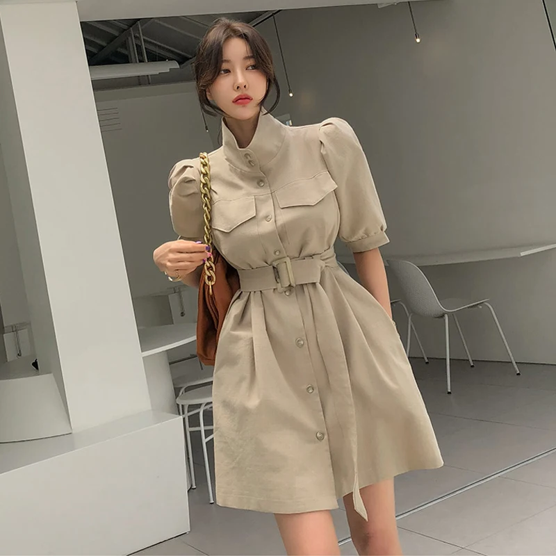 

2023 Summer Office Korean Casual Women Short Sleeve Single Breasted Robe Femme Quality Chic A-Line Dresses Including Belt