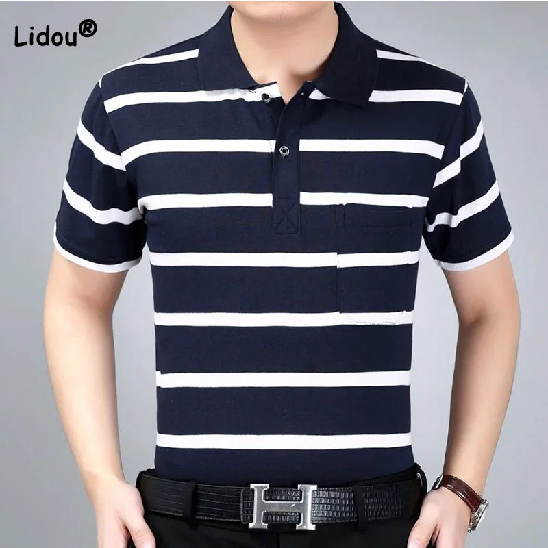 

Fashionable Casual Contrast Color Striped Polo T Shirt for Men Summer New Business Office Short Sleeve Loose Tops Male Clothes