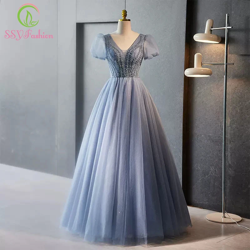 

SSYFashion Elegant Blue Evening Dress for Women Short Sleeve A-line Floor-length Beading Party Formal Gowns Robe De Soiree