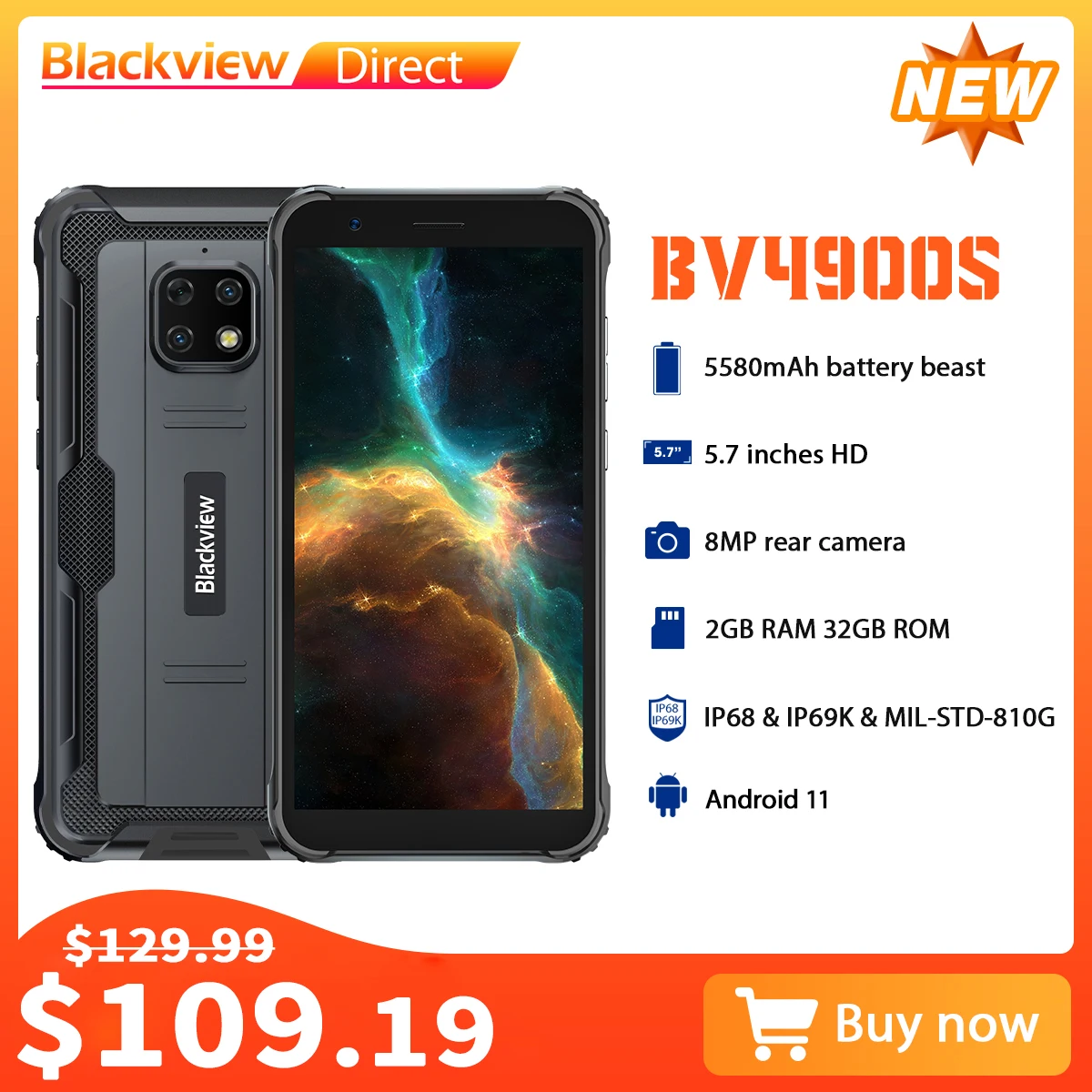 Blackview BV4900S Smartphone IP68 Rugged Waterproof Cellphones Android 11 Octa Core 2GB 32GB Mobile Phone 5580mAh 5.7inch Phones
