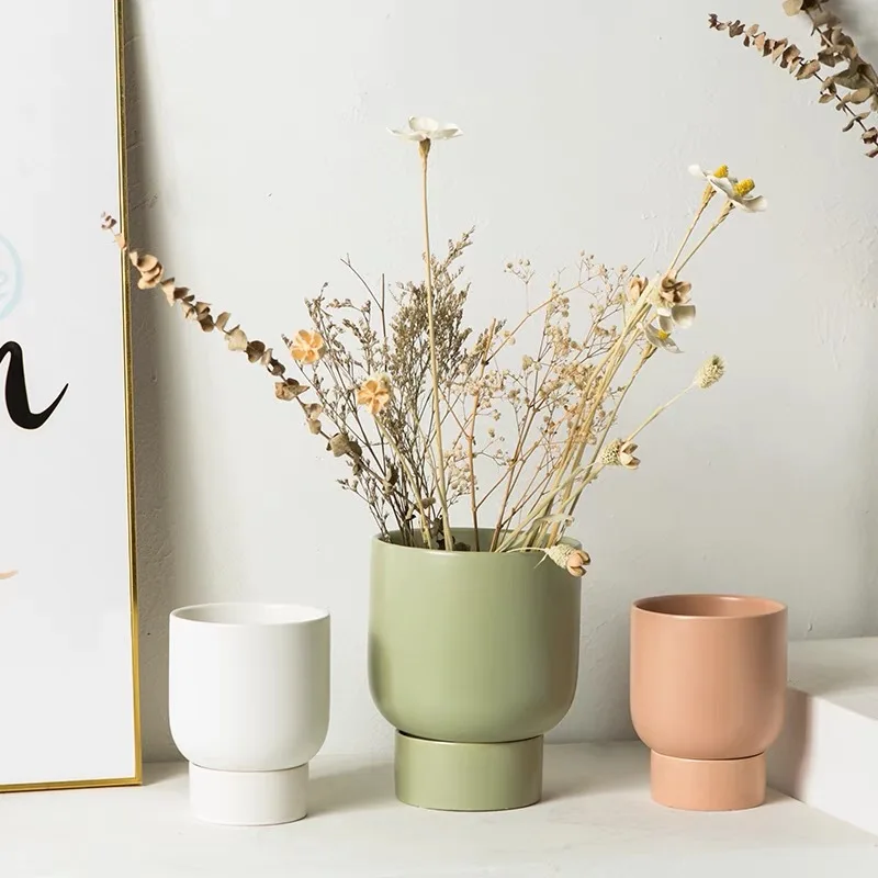 Керамический цветочный горшок в скандинавском стиле прямой круглый зеленый
