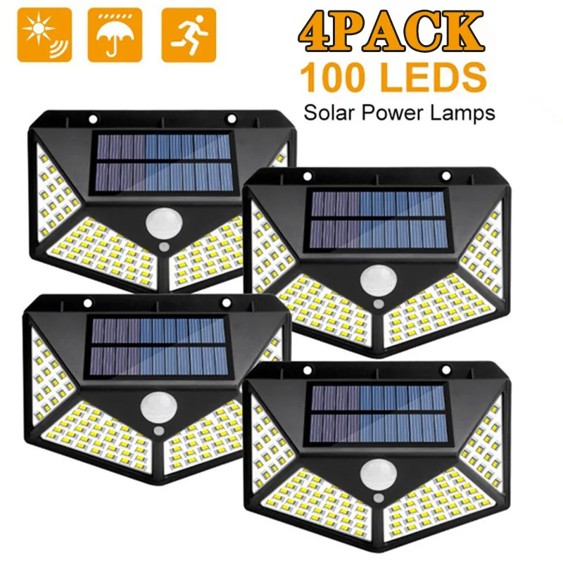 

100 LED Solar Lamp Outdoor Wall Lights PIR Motion Sensor Solar Night Lamp 4PCS Sunlight Street Hallway Light for Garden Light