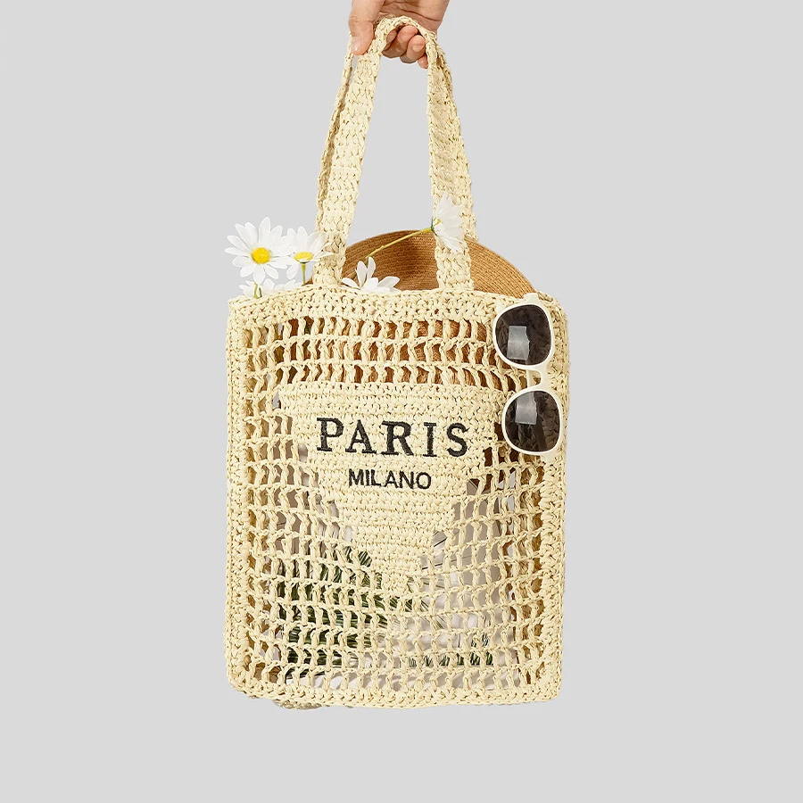 

Hollow Out Letter Shoulder Tote Bag Hand Weave Handbags Luxury Designer Bags For Women 2023 New Large Capacity Straw Beach Bag