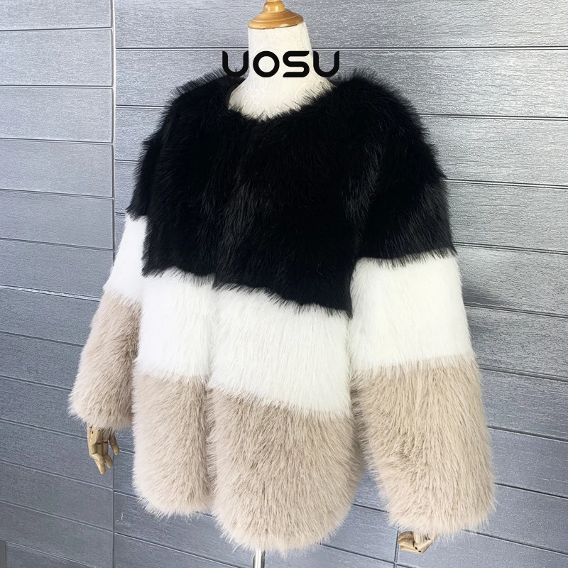 

Winter Warm Jacket Women Faux Fox Fur Black Spliced Mix Color Luxury Brand Ladies Fluffy Long Coat Handmade Clothes