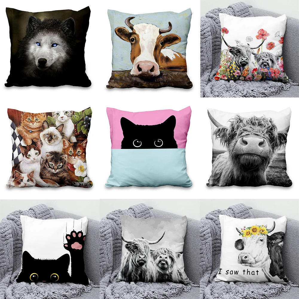 

Customizable Floral Animal Cushion Cover Home Pillow Sofa Room Car Pillowcase Decor Wolf Cow Velvet Decorative Pillowcase