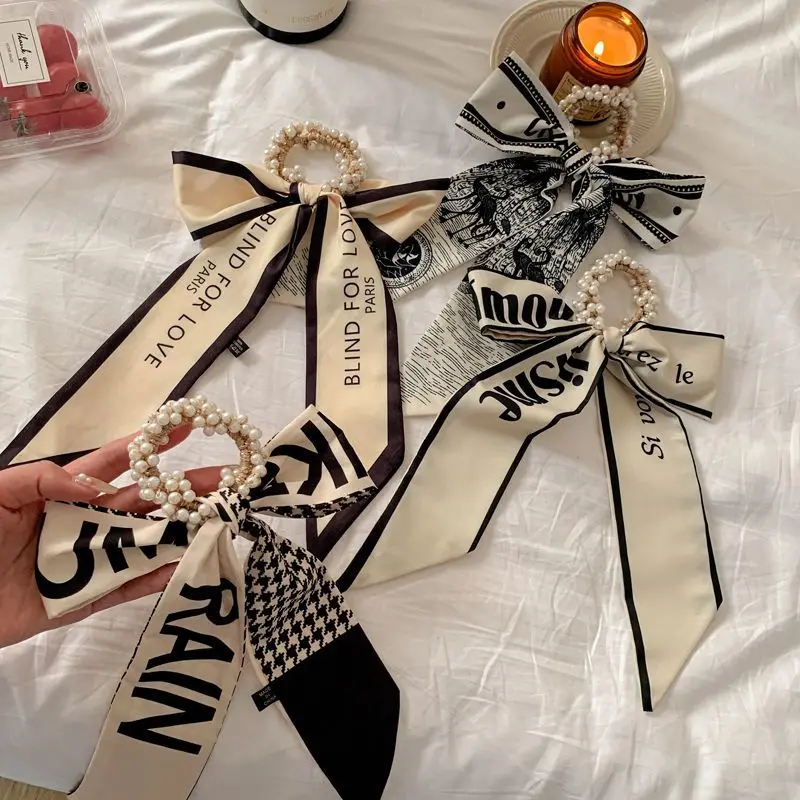 

Print Pearl Bow Knot Ribbon Elastic Hair Bands Polka Dot Beads Ties Rubber Bands Scrunchies for Women Girls Hair Accessories