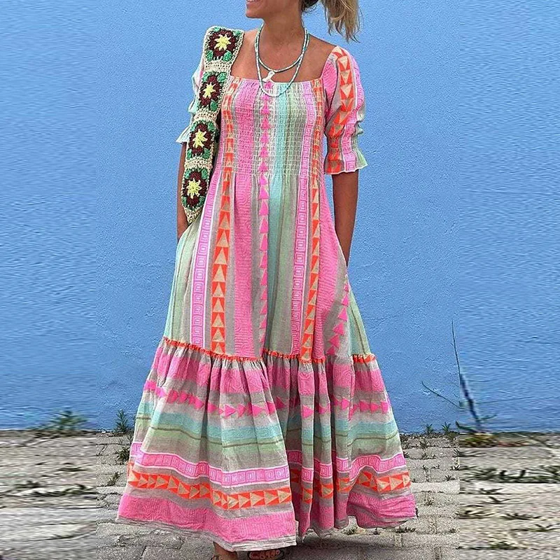 Summer Short Sleeve Backless Bohe Beach Dress Women Pockets A-Line Maxi Dress Elegant Geometric Print Square Collar Long Dress