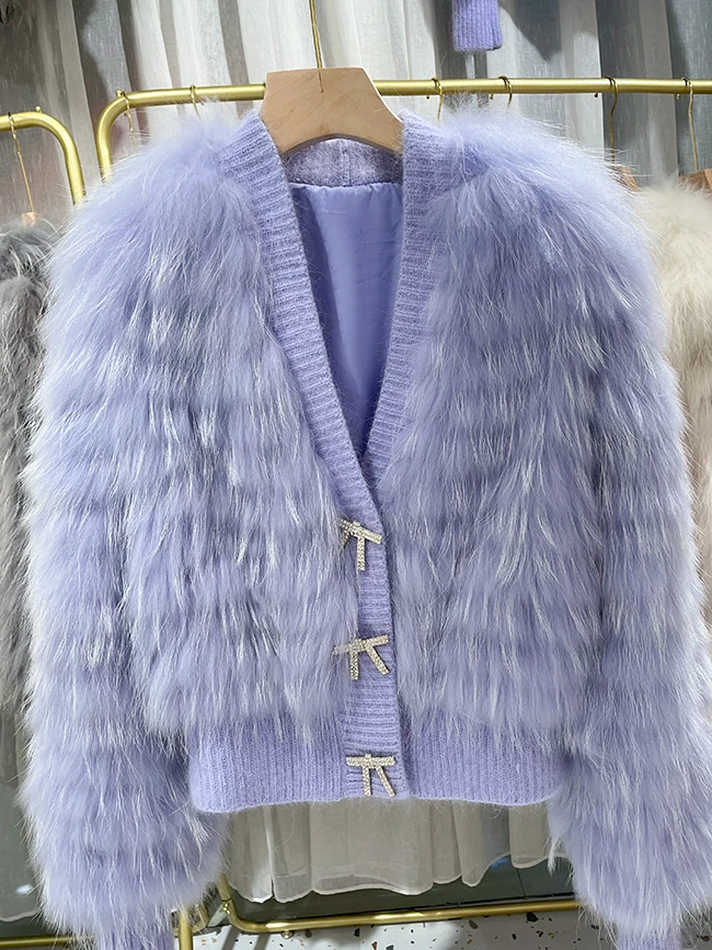 2022 Ladies luxury Natural Fur Jacket V Neck real Raccoon Fur Warm Puff Sleeve Coat Women's fur Jacket New