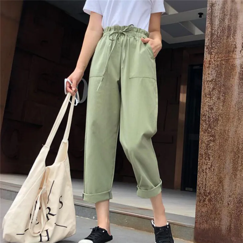 

Simple Women Pants High Elastic Waist Pants Ankle Length Haren Pants Casual Harajuku Spring Summer Long Thin Section Trousers