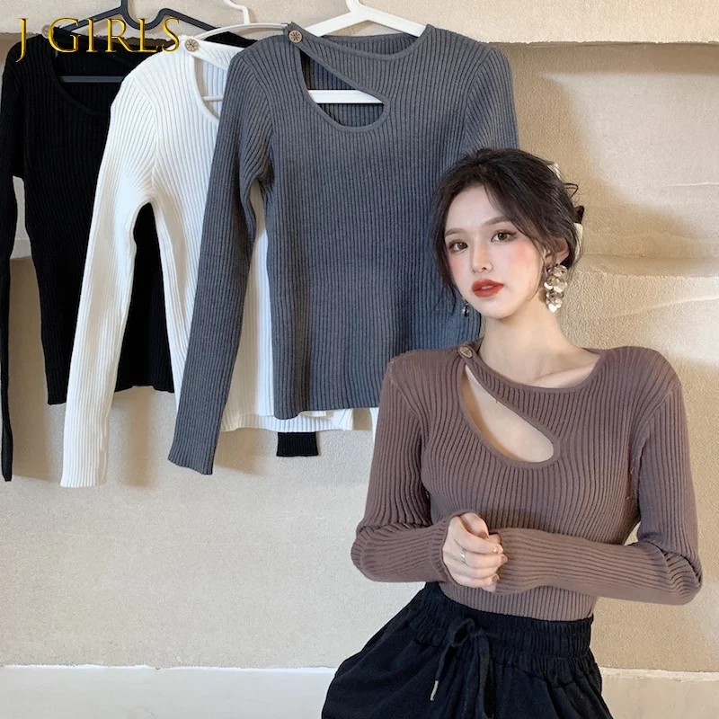 

Knitted T-shirts Women Long Sleeve Asymmetrical Design Spring 4 Colors Cozy Fashion Tops Femme Daily Vintage Basic Popular New