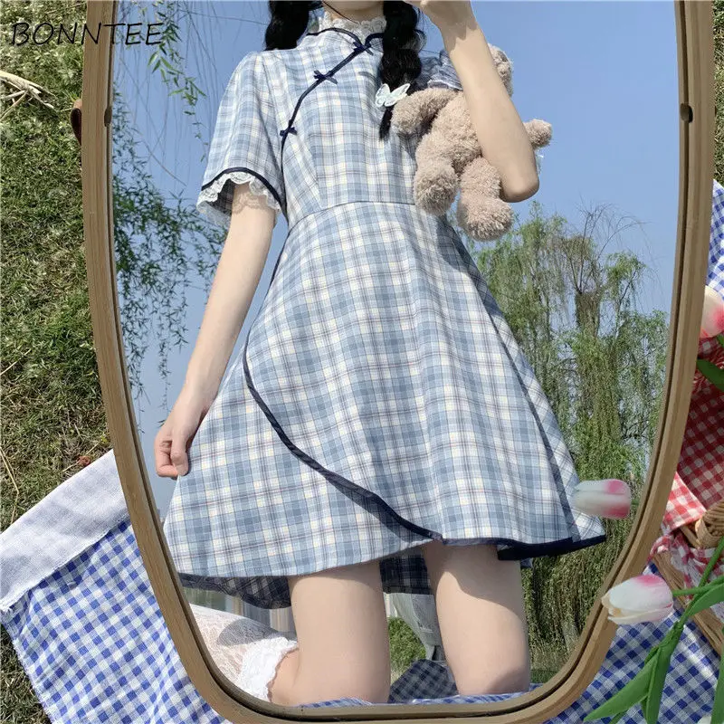 

Short Sleeve Dresses Women Japan Style Patchwork College Retro Vintage Elegant Summer Young Vestido Feminino Design Trendy Soft