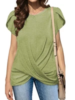 womens short sleeve solid round neck twist sleeve t shirt for summer