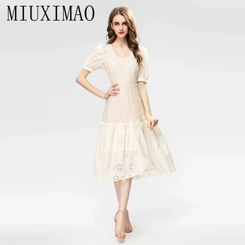 MIUXIMAO 2023 High Quality Spring&Summer Ruched Dress Short Sleeve O-Neck Solid Fold Fashion Long Dress Women Vestide