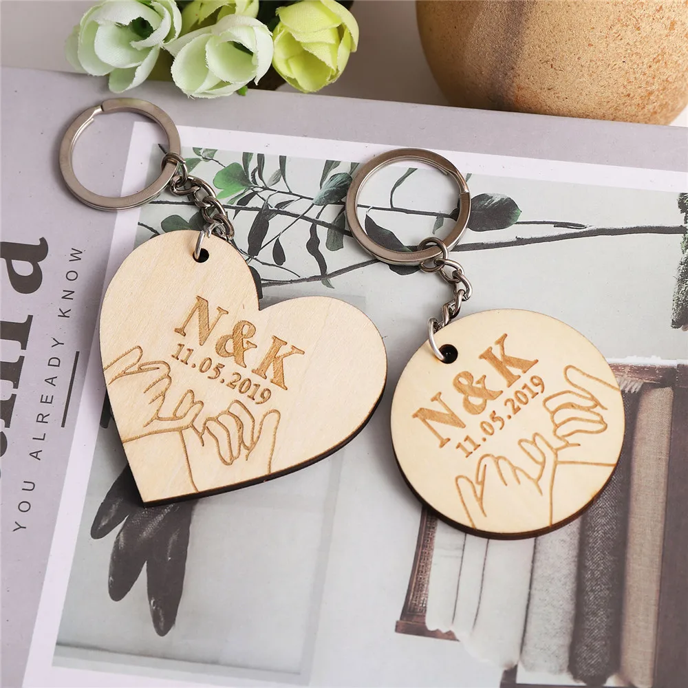 

Custom Name Initials and Date Wood Keychain Laser Engrave Love Friendship Promise Gesture for Lover Couple Friends Key Ring Gift