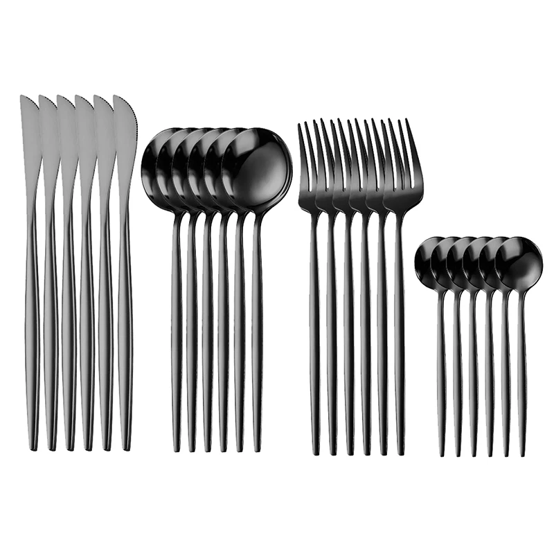 

24 Piece Black Cutlery Set Stainless Steel Cuberteria Full Tableware Sets Dinnerware Set Forks Knives Spoons with Tea Spoons Set