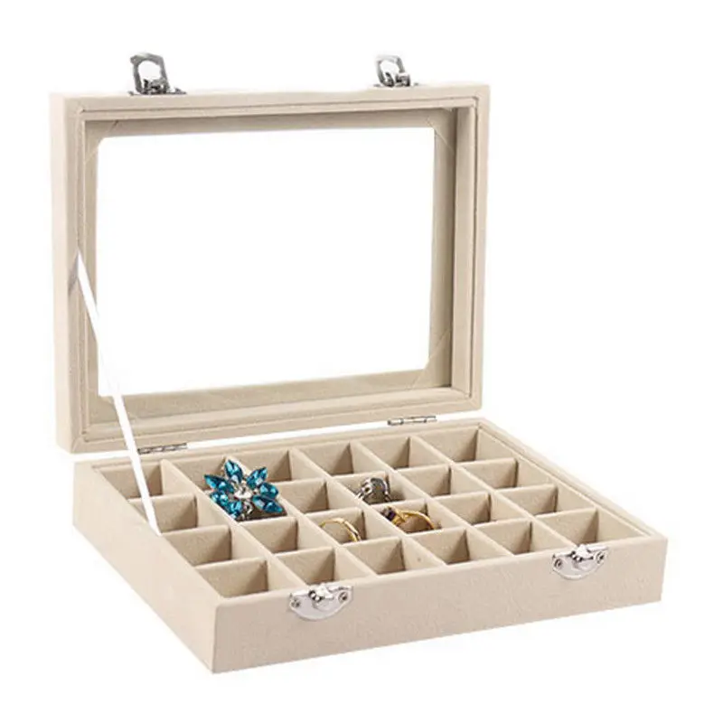 Velvet Glass Jewelry Display Box 20*15*4.5cm Jewelry Tray Holder Casket Storage Organizer Earrings Ring Box in Beige Color