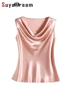 suyadream women silk shirt100real silk satin draped collar sleeveless tank tops 2022 solid summer vests